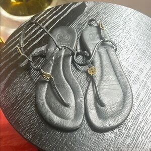 Tory Burch Black Leather Thong Sandals with Gold Charm